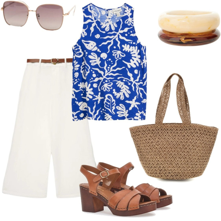 Outfit donna - Estate in città. Stile Casual chic per Tutti i giorni. Abbinamento con canottiere, pantaloni a palazzo, braccialetti, occhiali da sole, sandali in pelle, borse a spalla.