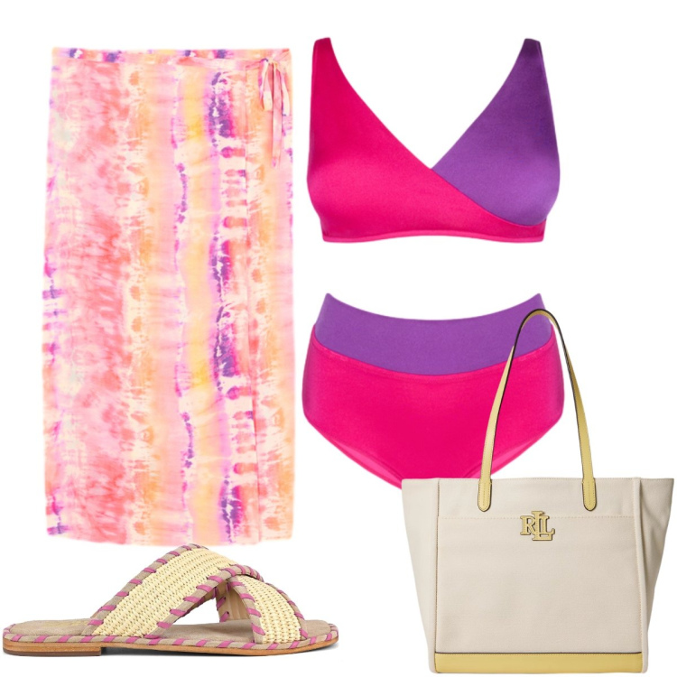 Outfit donna - Total look #2433183. Stile Glamour per Mare. Abbinamento con vestiti da spiaggia, bikini, borse tote, ciabatte.