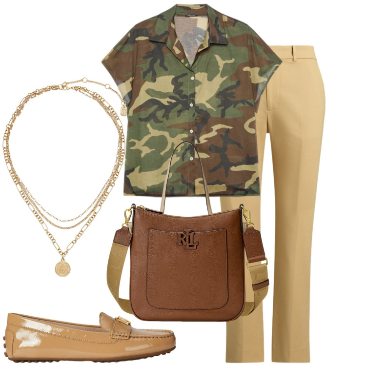 Outfit donna - Casual. Stile Casual per Tutti i giorni. Abbinamento con camicie a manica corta, borse tote, ciondoli, borse a tracolla, mocassini, pantaloni.