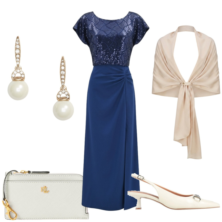 Outfit donna - Total look #2433187. Stile Glamour per Cerimonia. Abbinamento con décolleté, stole, vestiti lunghi, orecchini, portafogli.