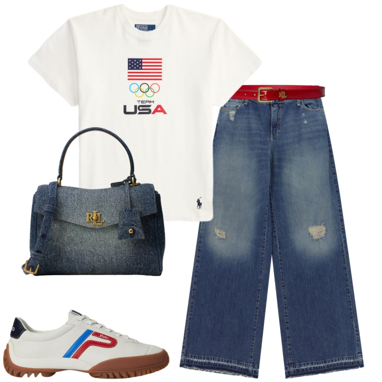 Outfit donna - Sport. Stile Casual per Tutti i giorni. Abbinamento con jeans dritti, cinture, t-shirt, borse a mano, sneakers.