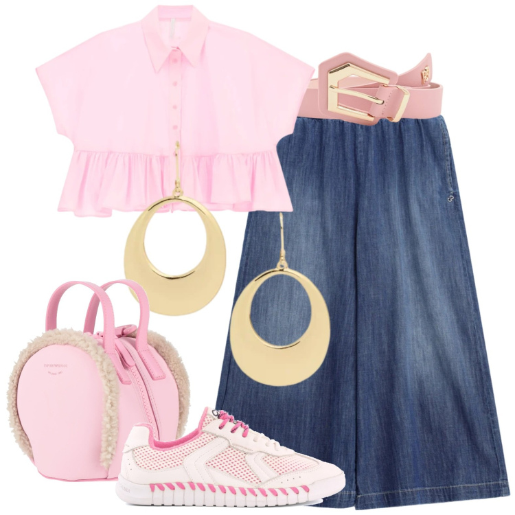 Outfit donna - Casual. Stile Casual per Tutti i giorni. Abbinamento con zaini, camicie a manica corta, cinture, jeans, orecchini, sneakers.