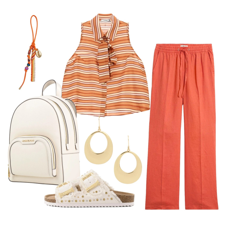 Outfit donna - Luglio. Stile Casual per Tutti i giorni. Abbinamento con zaini, pantaloni, camicie, braccialetti, orecchini, sandali.