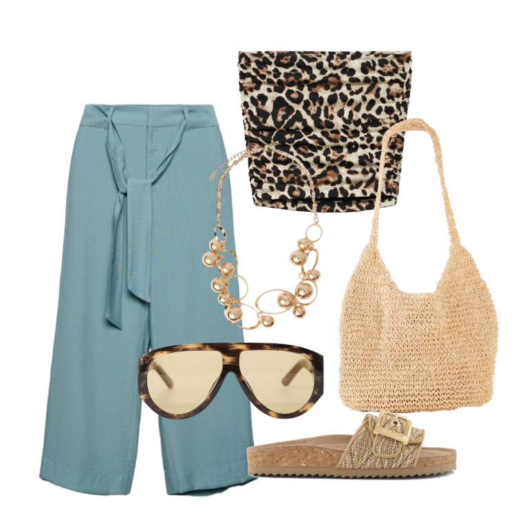 Outfit donna - Luglio. Stile Trendy per Tutti i giorni. Abbinamento con shopping bag, pantaloni a palazzo, top, occhiali da sole, collane, sandali.