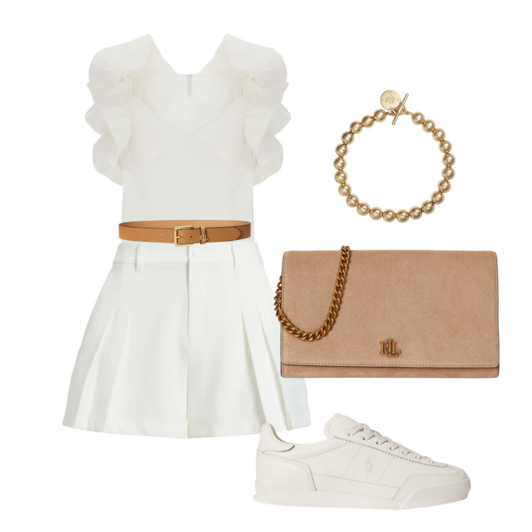 Outfit donna - Luglio. Stile Casual chic per Tutti i giorni. Abbinamento con top, braccialetti, cinture, minigonne, sneakers, borse a tracolla.