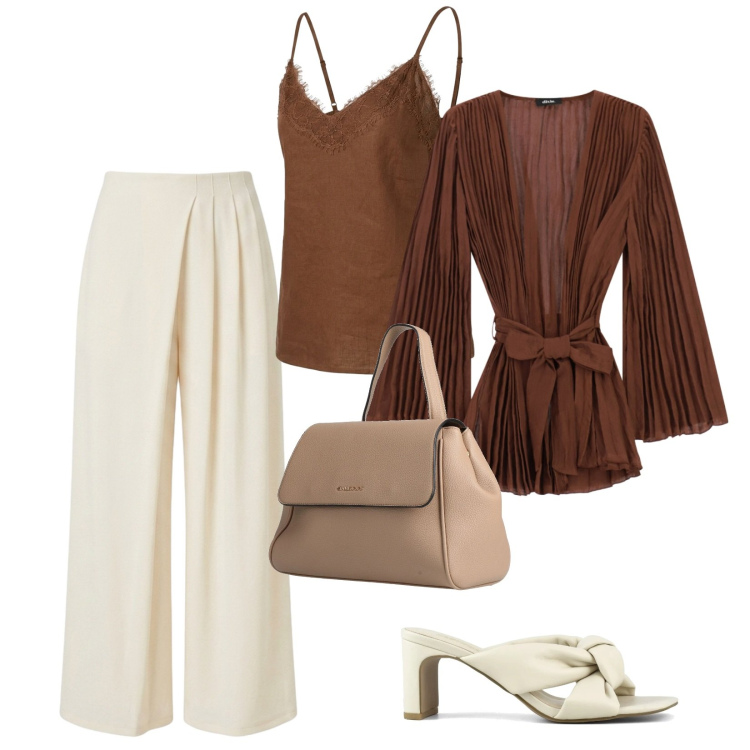 Outfit donna - Un pranzo importante al mare. per Mare. Abbinamento con zaini, blazer, pantaloni a palazzo, top, sandali col tacco.