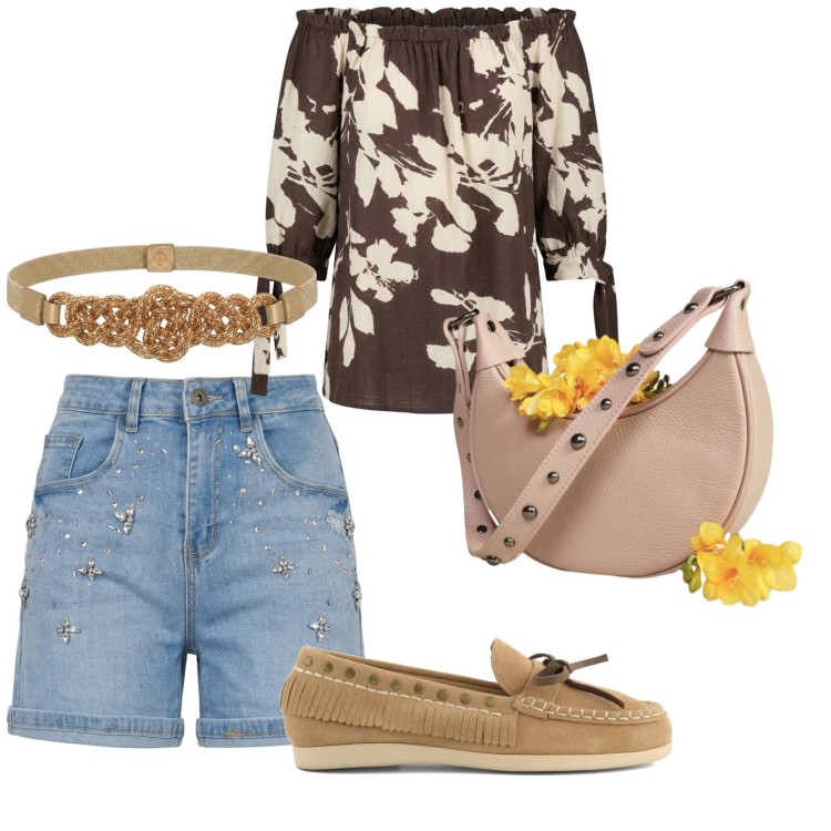 Outfit donna - Urban. per Tutti i giorni. Abbinamento con borse a spalla, casacche, shorts, cinture, mocassini.
