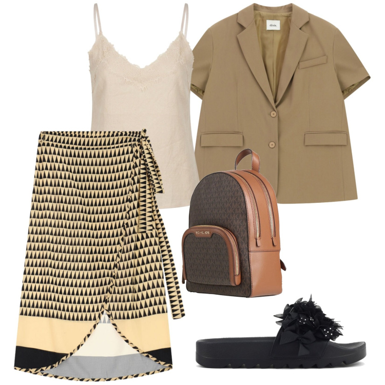 Outfit donna - Uno zaino e via. per Serata fuori. Abbinamento con zaini, blazer, gonne longuette, top, ciabatte.