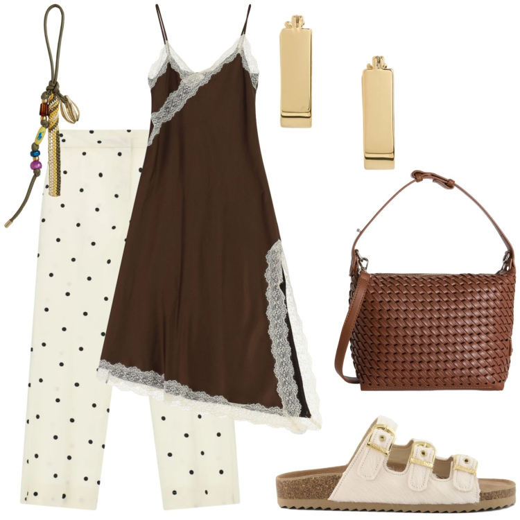 Outfit donna - Vacanza serata. Stile Casual per Serata fuori. Abbinamento con borse a spalla, vestiti lunghi, pantaloni, braccialetti, orecchini, sandali in pelle.