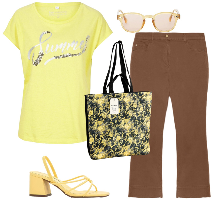 Outfit donna - Raggi di Sole. Stile Casual per Tutti i giorni. Abbinamento con sandali col tacco, maglieria, occhiali da sole, borse tote, pantaloni.