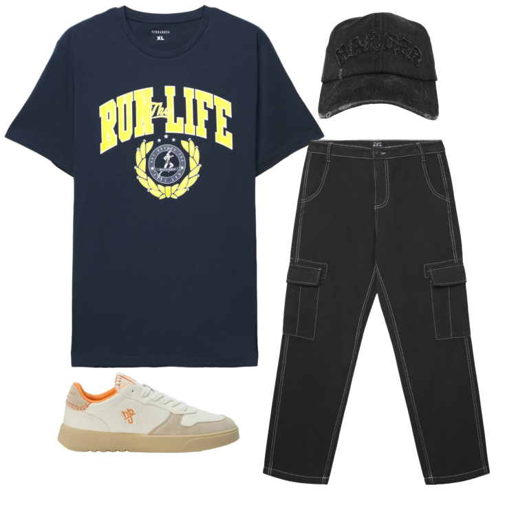 Outfit uomo - Urban Pulse. Stile Trendy per Tutti i giorni. Abbinamento con sneakers, cappelli con visiera, pantaloni cargo, t-shirt.