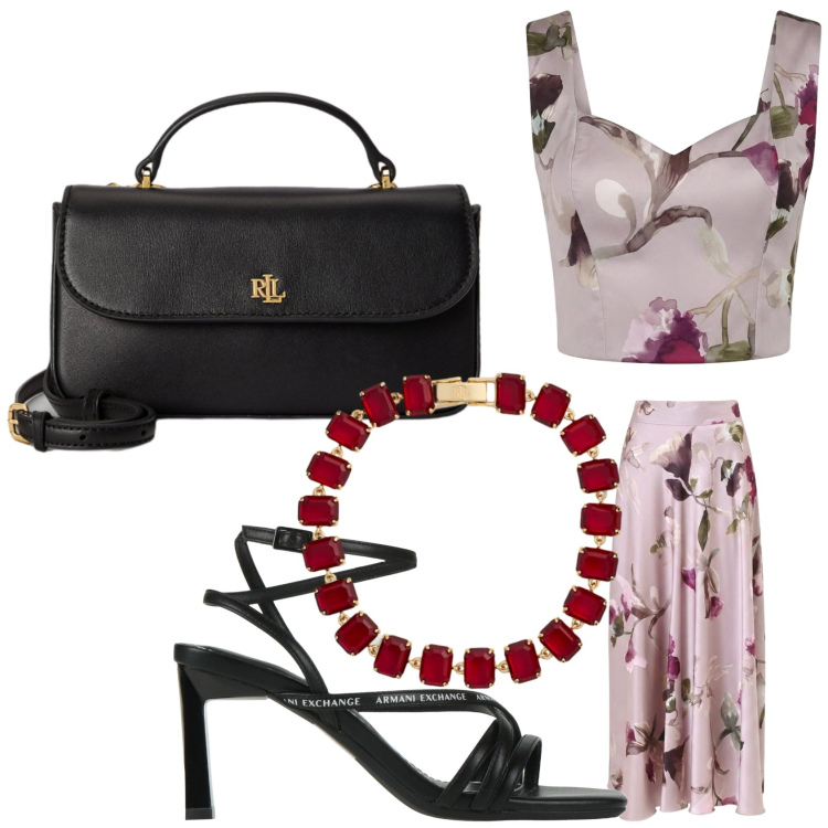 Outfit donna - Il completo Rinascimento. Stile Bon Ton per Serata fuori. Abbinamento con sandali col tacco, top, gonne lunghe, braccialetti, portafogli.