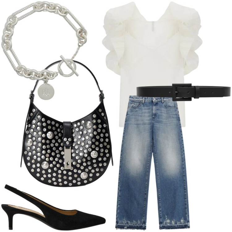Outfit donna - Rock romantico. Stile Urban per Serata fuori. Abbinamento con top, cinture, jeans, braccialetti, décolleté, borse a spalla.