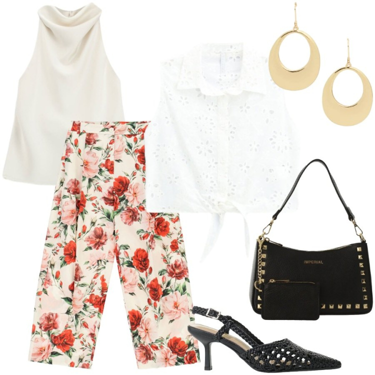 Outfit donna - Fiori di giorno e di sera. Stile Chic per Tutti i giorni. Abbinamento con top, borse a spalla, décolleté, pantaloni a palazzo, camicie, orecchini.