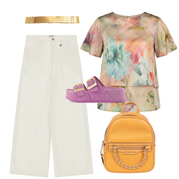 Outfit donna - Un po\' di colore in più!. Stile Casual chic per Tutti i giorni. Abbinamento con zaini, pantaloni a palazzo, cinture, t-shirt, sandali in pelle.