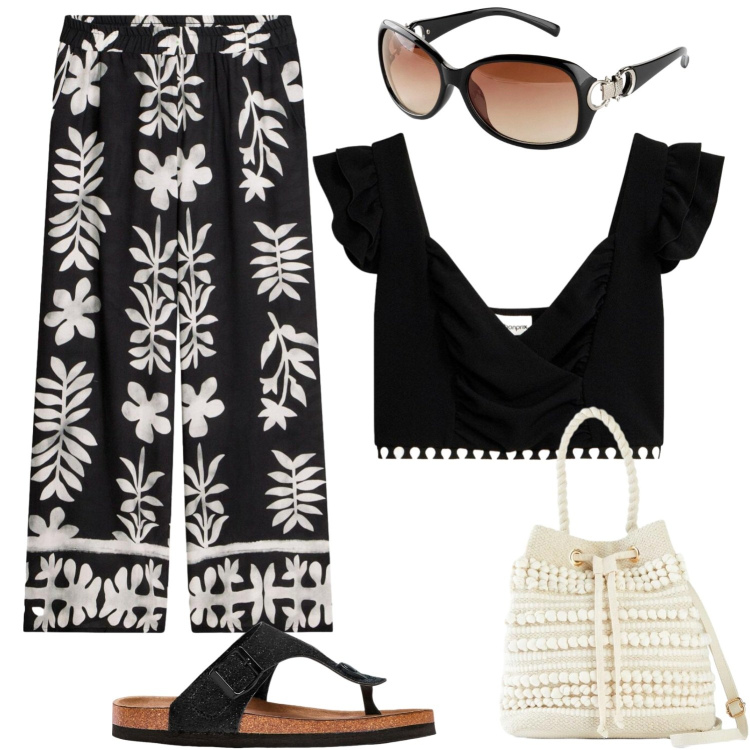 Outfit donna - Bonprix bianco e nero. Stile Casual per Tutti i giorni. Abbinamento con infradito, pantaloni, top, borse a secchiello, occhiali da sole.