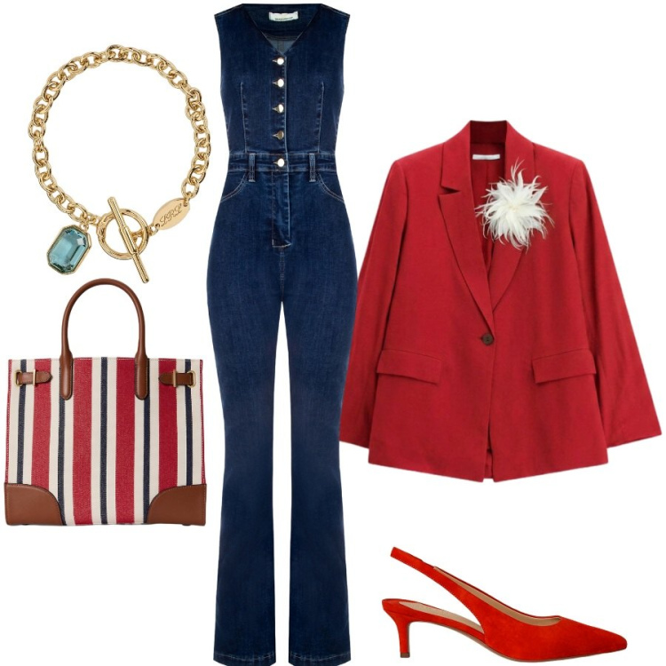 Outfit donna - Rosso e denim Urban chic. Stile Chic per Tutti i giorni. Abbinamento con blazer, tute, décolleté, borse tote, braccialetti.