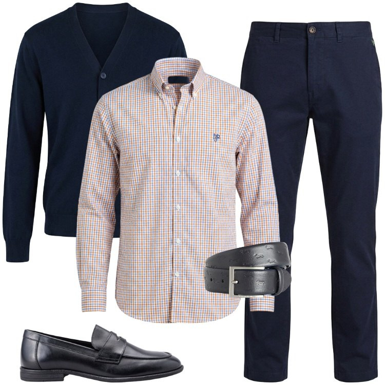 Outfit uomo - Total look #2433274. Stile Casual per Ufficio. Abbinamento con pantaloni, cinture, camicie, cardigans, scarpe stringate.