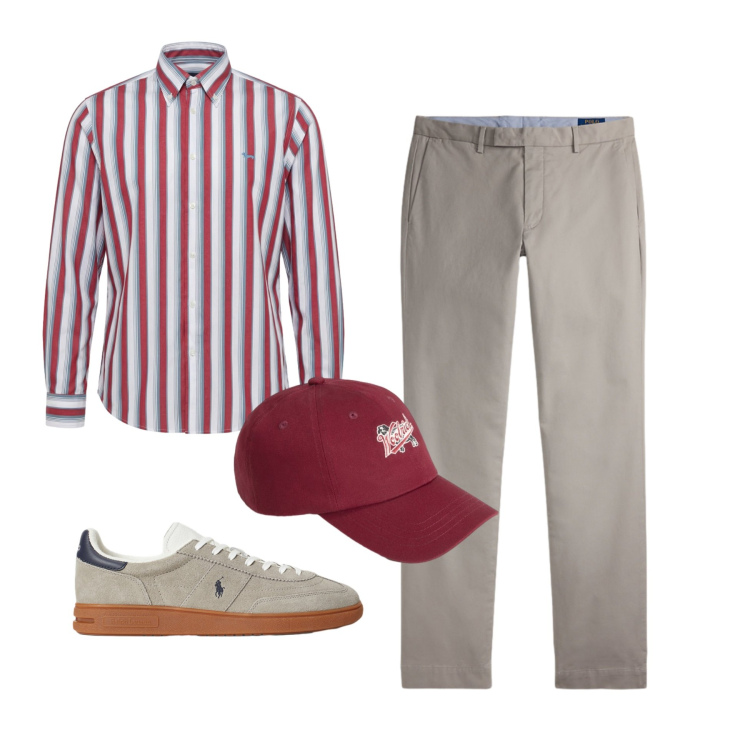 Outfit uomo - Righe di Carattere. Stile Business/Elegante per Ufficio. Abbinamento con camicie, cappelli con visiera, sneakers, pantaloni.