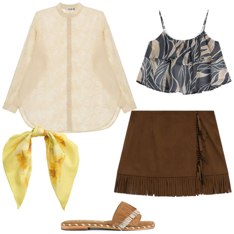 Outfit donna - Variazioni Summer. Stile Sporty chic per Tutti i giorni. Abbinamento con top, camicie, minigonne, foulard, ciabatte.