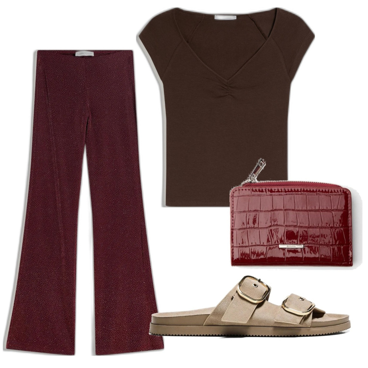 Outfit mujer - Casual look. Estilo Casual para Todos los días. Combinación con sandalias, pantalones, camiseta, monederos.