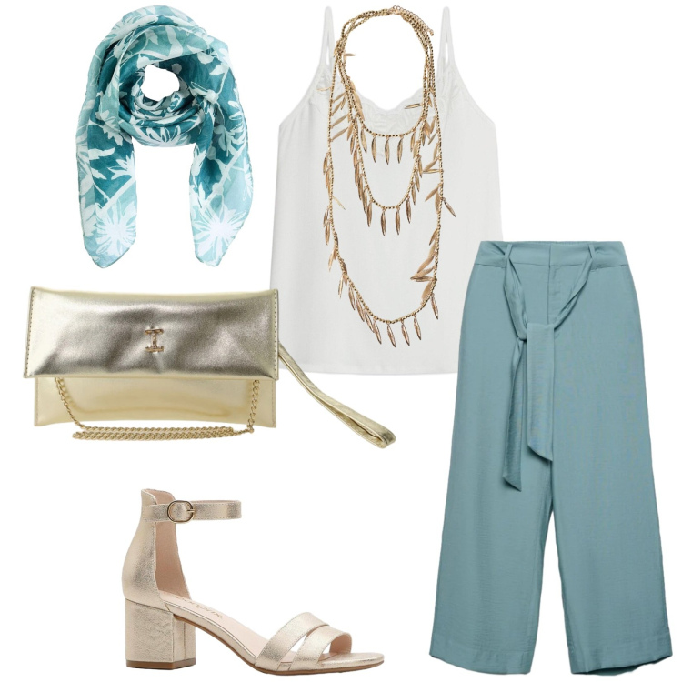 Outfit donna - A cena fuori. Stile Chic per Serata fuori. Abbinamento con top, foulard, sandali col tacco, pantaloni a palazzo, borse a tracolla, collane.