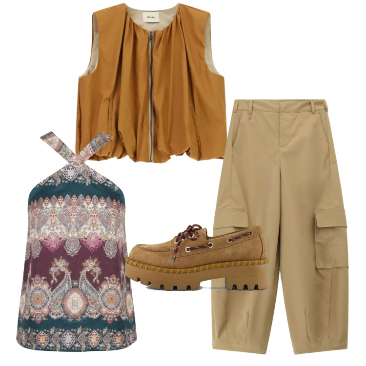 Outfit donna - Su per le montagne.... Stile Casual chic per Tutti i giorni. Abbinamento con gilet, pantaloni a palazzo, top, mocassini.