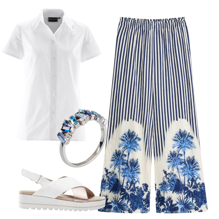 Outfit donna - Total look #2433300. Stile Minimal per Tutti i giorni. Abbinamento con camicie a manica corta, sandali, pantaloni a palazzo, anelli.