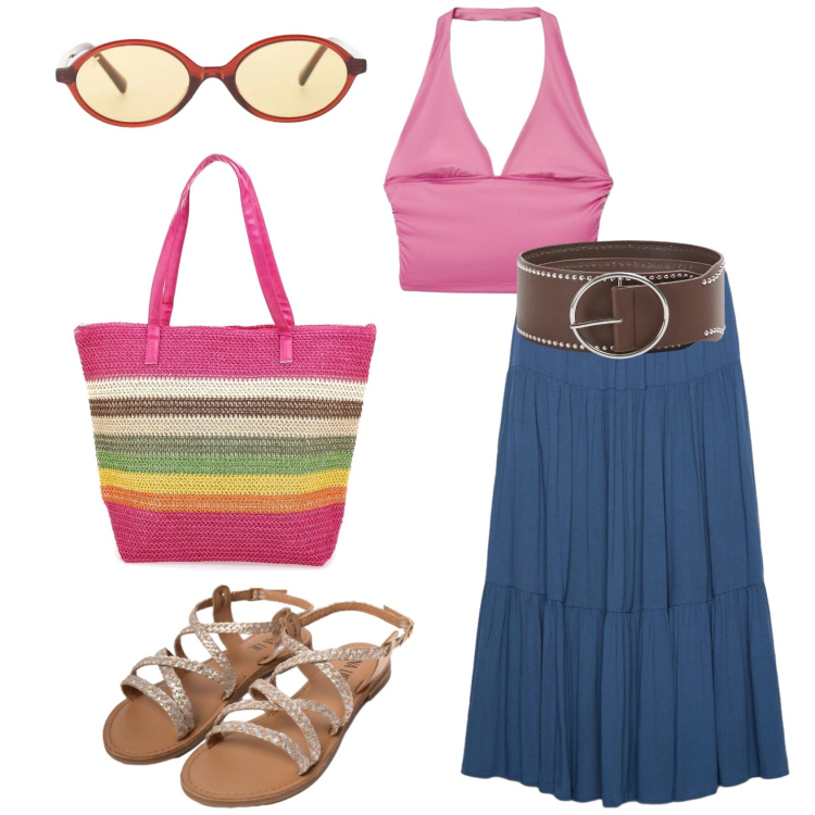 Outfit donna - Summer Bags - Intrecciate. Stile Boho per Mare. Abbinamento con gonne lunghe, cinture, top, occhiali da sole, sandali in pelle, shopping bag.
