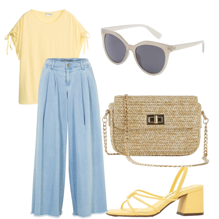 Outfit donna - Limoni di Capri. Stile Casual chic per Tutti i giorni. Abbinamento con gonne, t-shirt, borse a tracolla, sandali col tacco, occhiali da sole.