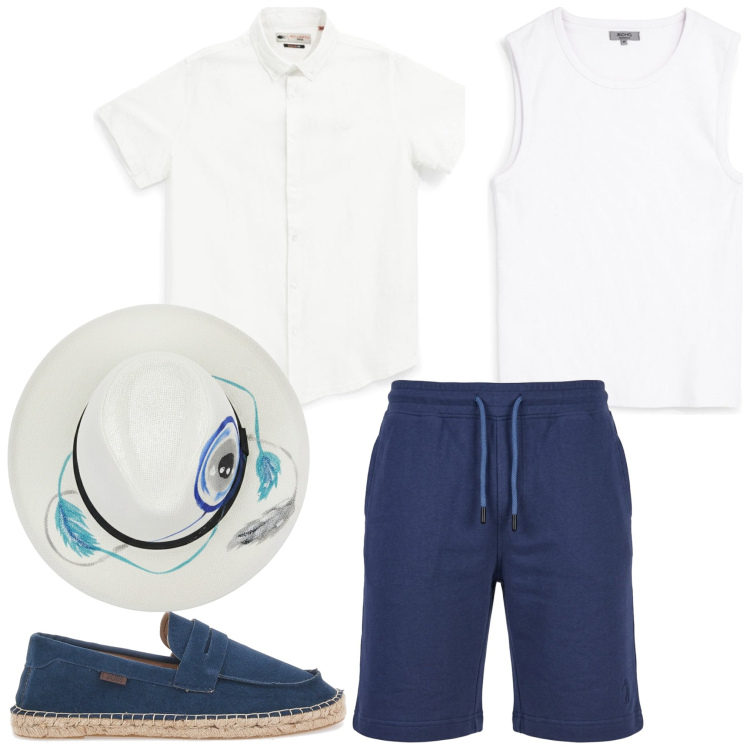 Outfit uomo - Messico e nuvole. Stile Casual per Mare. Abbinamento con pantaloni corti, espadrillas, camicie a manica corta, canottiere, cappelli.