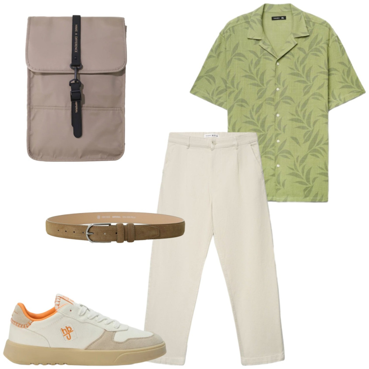 Outfit uomo - Aperitivo al tramonto. Stile Casual per Tutti i giorni. Abbinamento con sneakers, pantaloni chino, camicie a manica corta, borse sportive, cinture.
