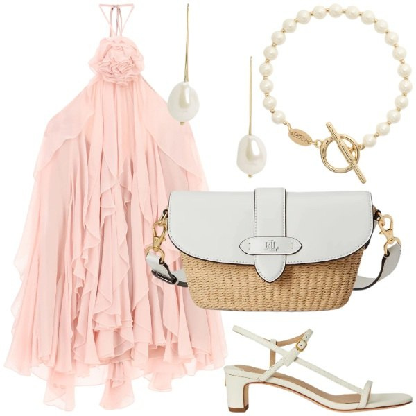 Outfit donna - Borsa. Stile Glamour per Serata fuori. Abbinamento con vestiti corti, borse a spalla, sandali in pelle, orecchini, braccialetti.