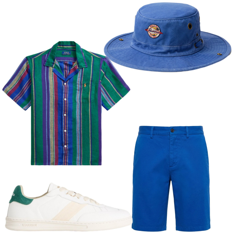 Outfit uomo - Eclettico. Stile Business/Elegante per Serata speciale. Abbinamento con bermuda, sneakers, cappelli, camicie.