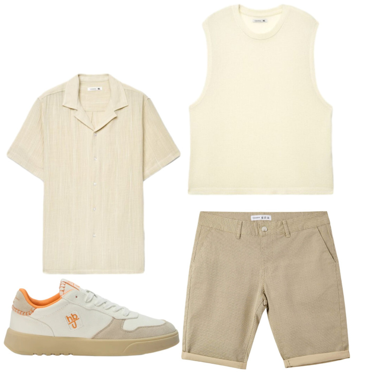 Outfit uomo - Sole aspettami. Stile Casual per Serata speciale. Abbinamento con sneakers, pantaloni corti, camicie a manica corta, canottiere.