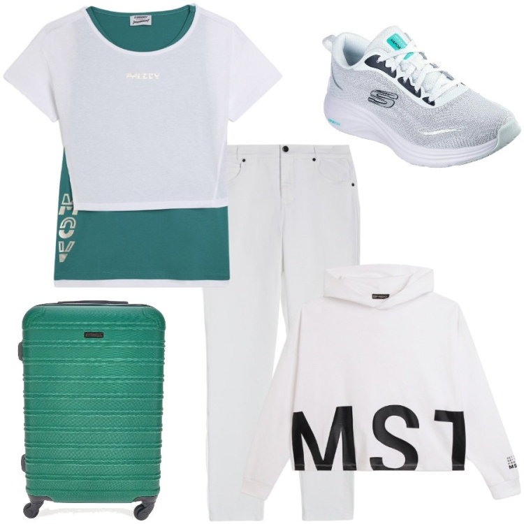 Outfit donna - In viaggio. per Tutti i giorni. Abbinamento con t-shirt, pantaloni skinny, felpe con cappuccio, sneakers, valigie.