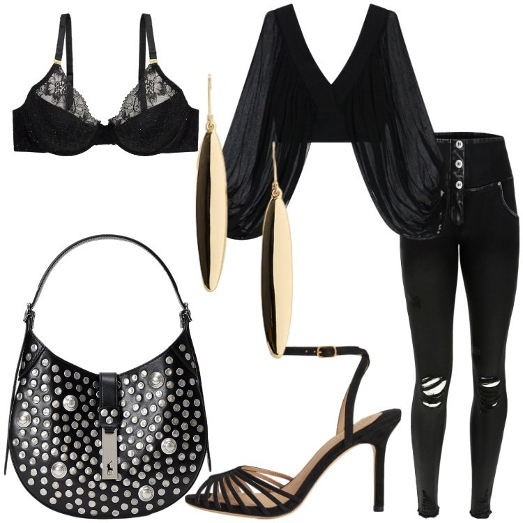Outfit donna - Borsa Shoulder dal sapore rock. Stile Rock per Serata fuori. Abbinamento con top, jeans strappati, reggiseni, sandali col tacco, borse a spalla, orecchini.