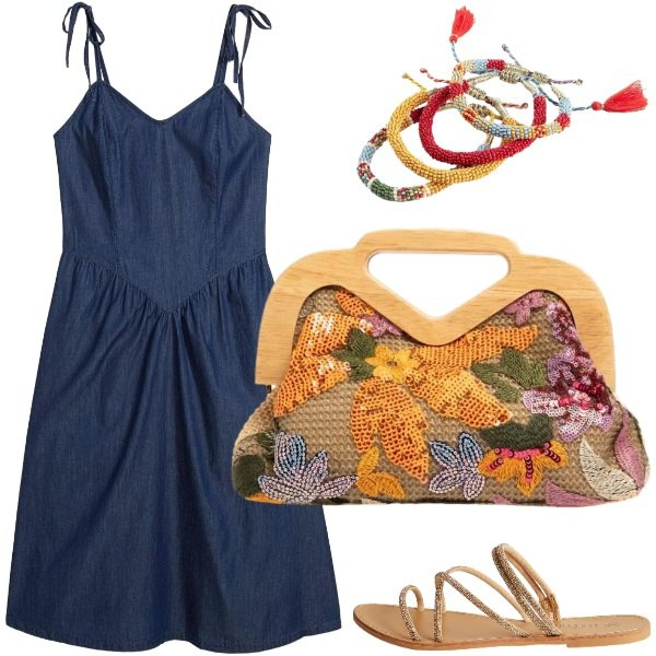 Outfit donna - Clutch con paillettes e manico di legno. Stile Casual chic per Tutti i giorni. Abbinamento con braccialetti, vestiti, sandali, clutch.