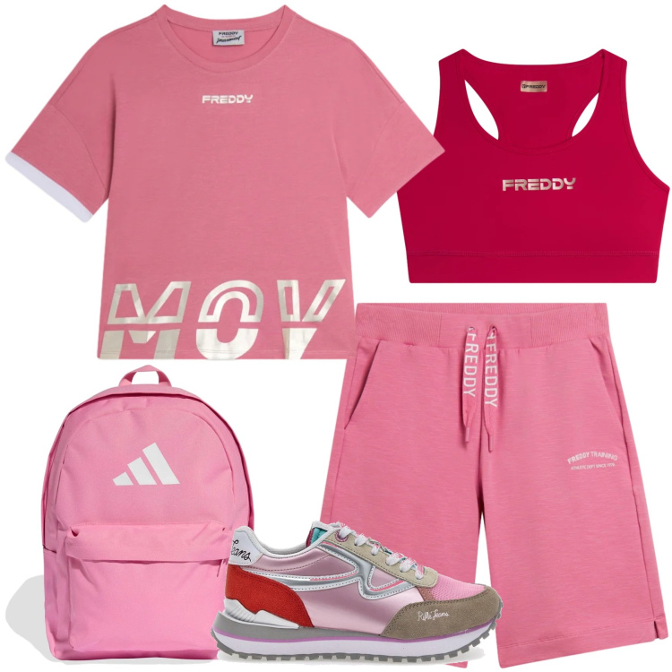 Outfit donna - Sportiva. Stile Sporty chic per Sport. Abbinamento con pantaloni corti, t-shirt, top, sneakers, zaini.