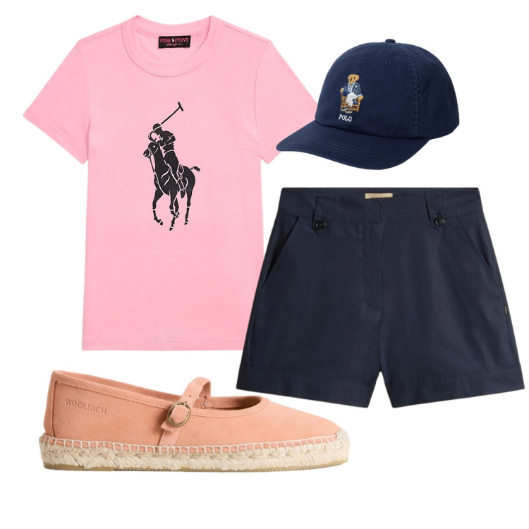 Outfit donna - Total look #2433329. Stile Sporty chic per Tutti i giorni. Abbinamento con t-shirt, cappelli, espadrillas, pantaloni corti.