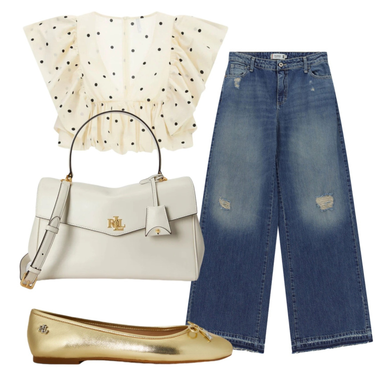 Outfit donna - Total look #2433331. Stile Bon Ton per Ufficio. Abbinamento con top, jeans dritti, borse a mano, ballerine.