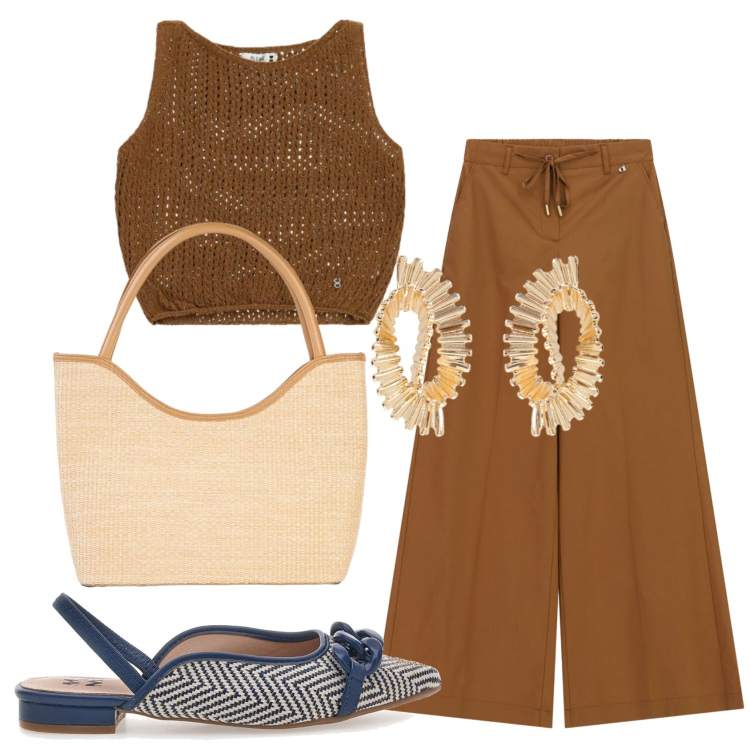 Outfit donna - Total look #2433337. Stile Minimal per Ufficio. Abbinamento con shopping bag, top, orecchini, pantaloni a palazzo, ballerine.