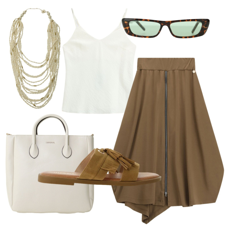 Outfit donna - Total look #2433345. Stile Casual chic per Ufficio. Abbinamento con gonne longuette, canottiere, borse a tracolla, occhiali da sole, collane, sandali.