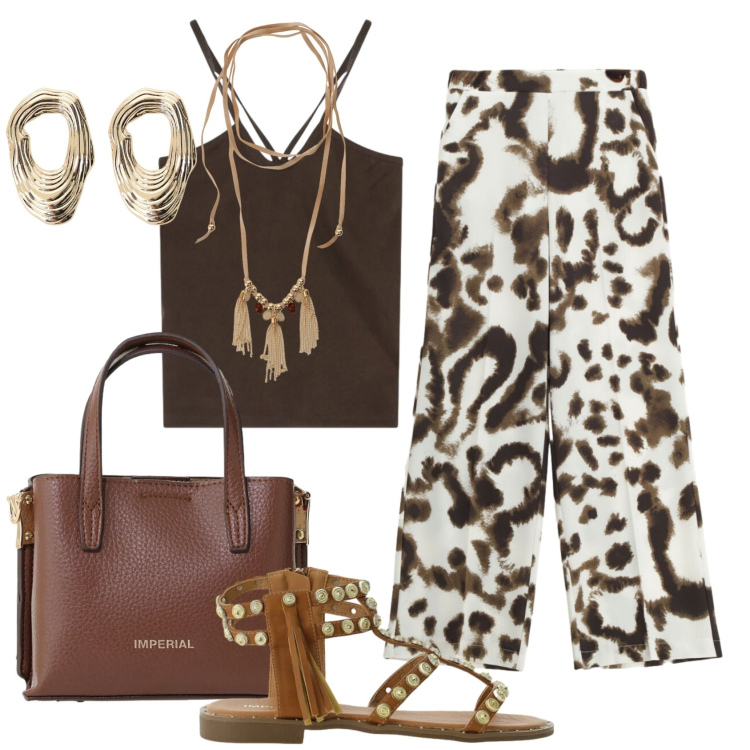 Outfit donna - Total look #2433346. Stile Etnico per Ufficio. Abbinamento con canottiere, pantaloni a palazzo, borse a tracolla, sandali, collane, orecchini.