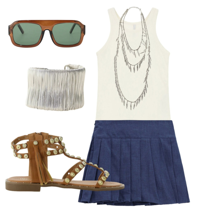 Outfit donna - Total look #2433347. Stile Trendy per Tutti i giorni. Abbinamento con top, sandali, braccialetti, collane, minigonne, occhiali da sole.