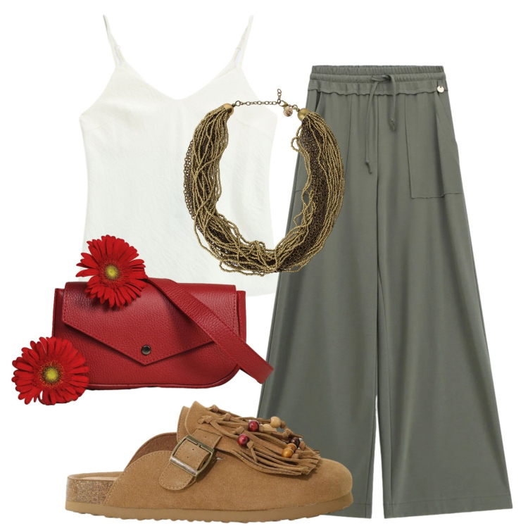 Outfit donna - Total look #2433349. Stile Basic per Tutti i giorni. Abbinamento con pantaloni a palazzo, canottiere, sabot, borse a tracolla, collane.
