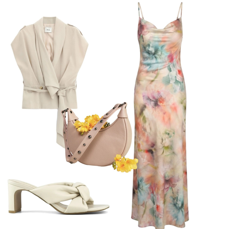 Outfit donna - Romantica chic serata evento. Stile Romantica per Mare. Abbinamento con borse a spalla, blazer, vestiti lunghi, sandali col tacco.