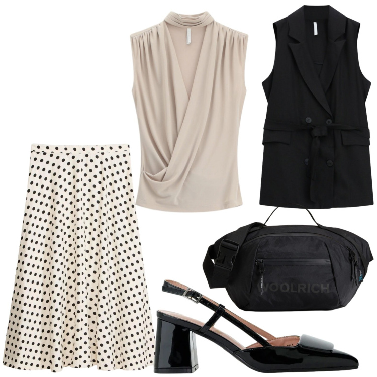 Outfit donna - Pois armonici. Stile Casual per Serata fuori. Abbinamento con gonne longuette, borse a tracolla, top, décolleté, gilet.