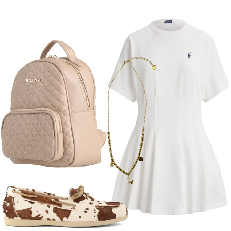 Outfit donna - Abito T-shirt. Stile Bon Ton per Tutti i giorni. Abbinamento con zaini, ciondoli, vestiti corti, mocassini.