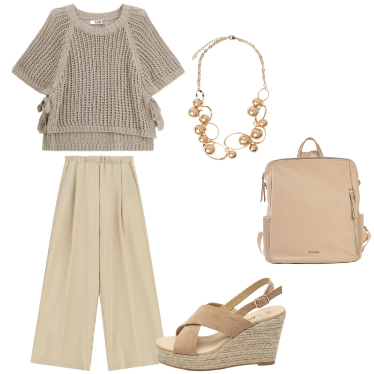 Outfit donna - Ufficio non ti temo. Abbinamento con zaini, sandali col tacco, top, pantaloni a palazzo, collane.